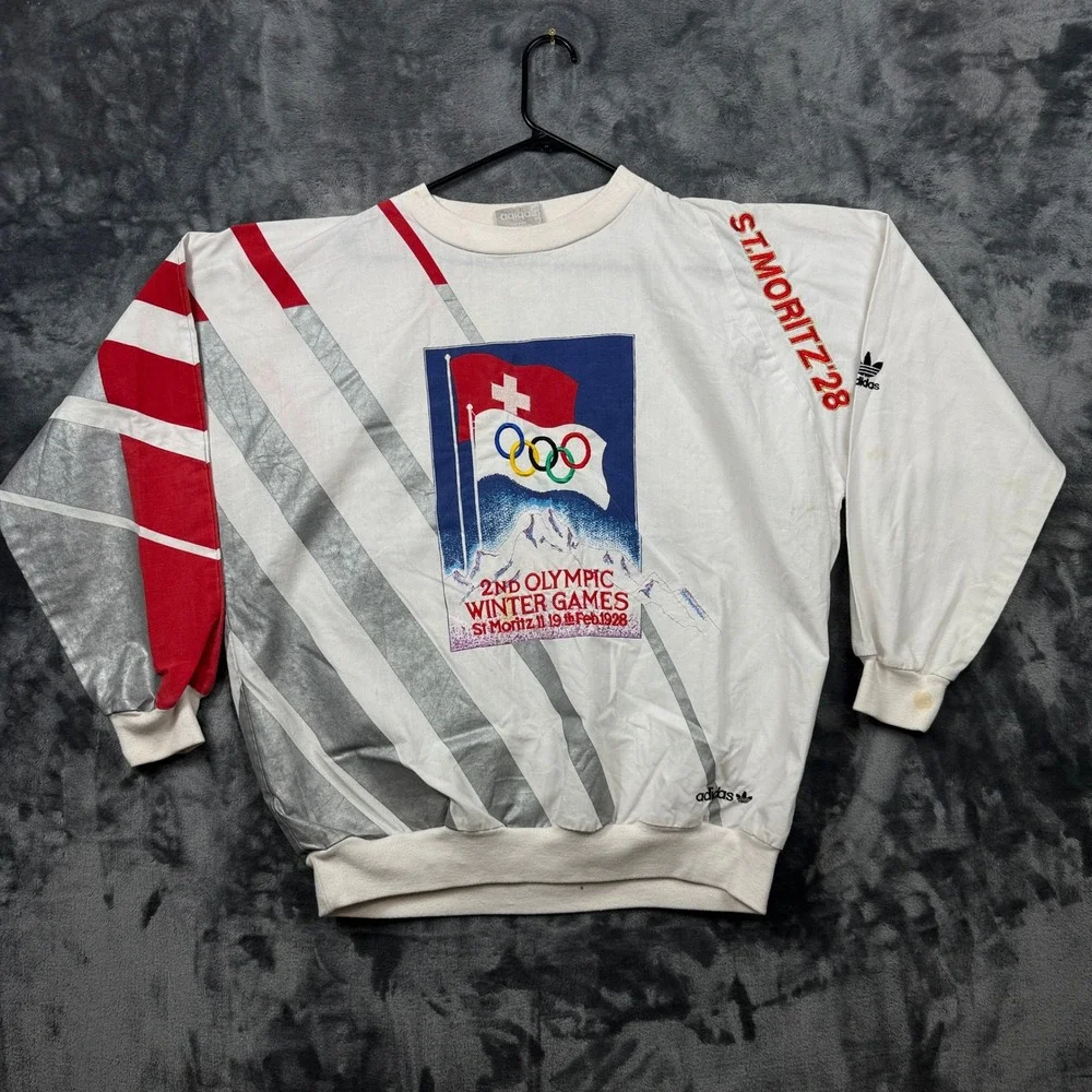 Adidas Sweatshirt Mens L White 1928 St Moritz Olympic Winter Games Vintage 90s